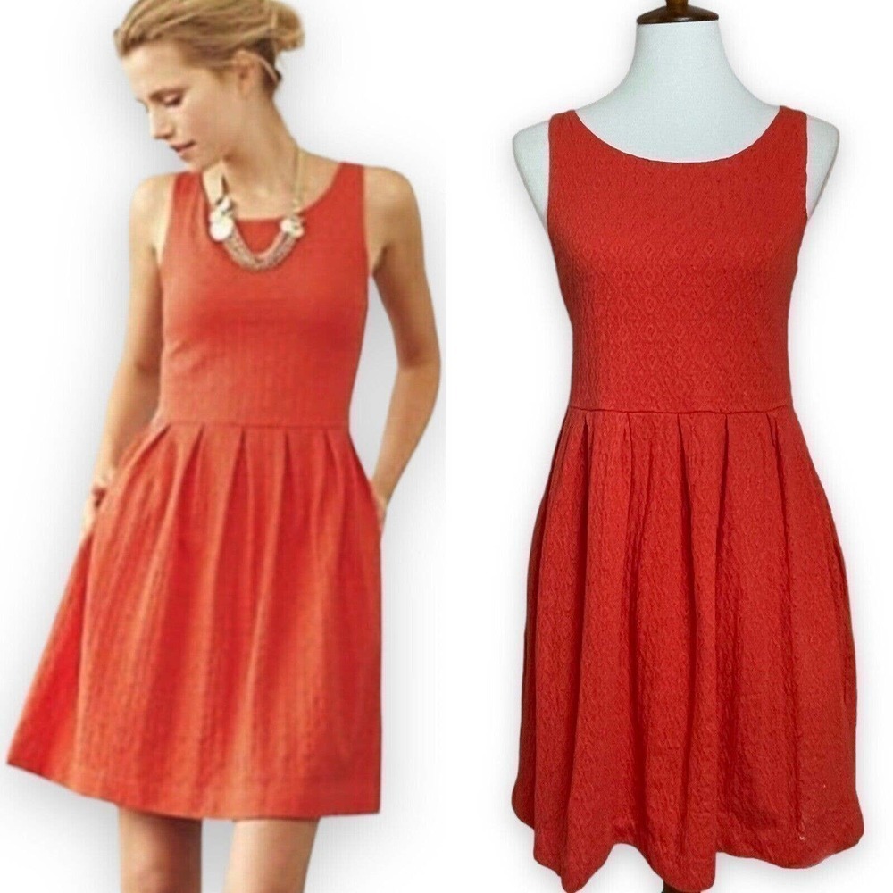 🍀 Deletta Anthropologie Torchon Women's Orange Embossed Fit & Flare Dress Size S